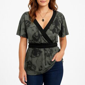 Daisy Fuentes Womens 1X Green Floral Print Surplice Top Tunic Stretch Boho